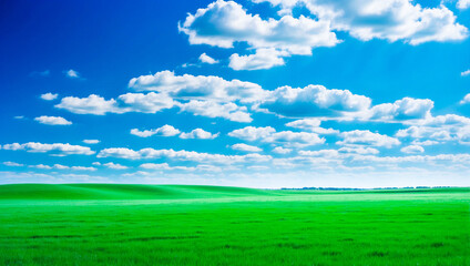 meadow, grassland, landscape,agriculture,lawn, field,  sky, cloud,  flower, nature, spring,Background image of a vast green field under a bright blue sky. bright green grass Receives light well The ba