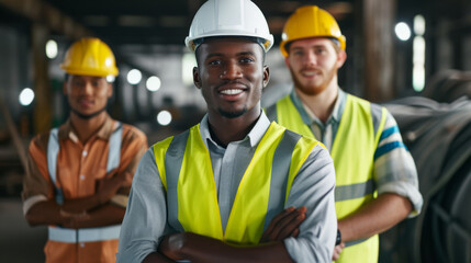 Wall Mural - group of cheerful construction workers in safety gear