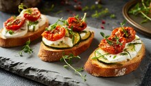 Italian Bruschetta Bread With Cream Cheese, Zucchini And Dried Tomato With Herbs. Canape With Ricotta Cheese