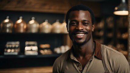 Portait of a smiling confident retail store owner black african man looking at camera from Generative AI