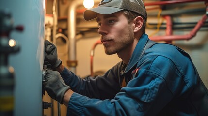 Poster - A plumber fixing a water heater. Generative AI.