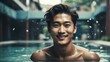 Young handsome korean man swimming in pool smiling at camera from Generative AI