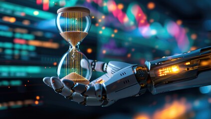 Robot hand holding hourglass with binary code