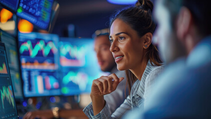 Sticker - Professionals analyzing data on multiple screens in modern office