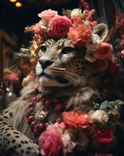 Humanized Animals Concept. Funny Character Personage. Humanized Cheetah With Flowers.