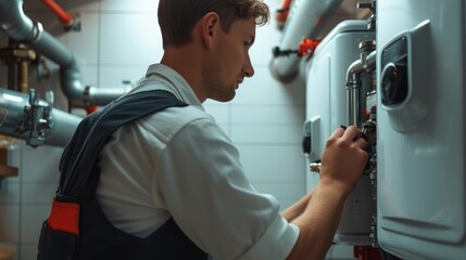 Poster - A plumber installing a boiler. Generative AI.