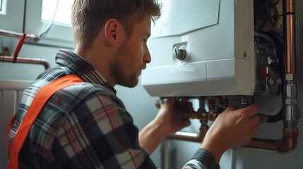 Poster - A plumber installing a boiler. Generative AI.