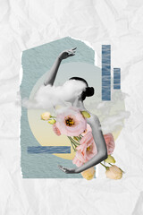 Sticker - Vertical collage image of black white effect girl ballerina blended rose flowers clouds sky isolated on paper background