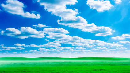 Wall Mural - meadow, grassland, landscape,agriculture,lawn, field,  sky, cloud,  flower, nature, spring,Background image of a vast green field under a bright blue sky. bright green grass Receives light well The ba