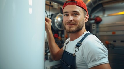 Aufkleber - Professional technician installing Electric Water Heater. Generative AI.