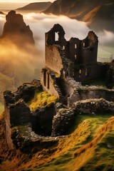 Wall Mural - Sunrise over medieval castle ruins among misty hills