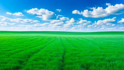 Wall Mural - meadow, grassland, landscape,agriculture,lawn, field,  sky, cloud,  flower, nature, spring,Background image of a vast green field under a bright blue sky. bright green grass Receives light well The ba