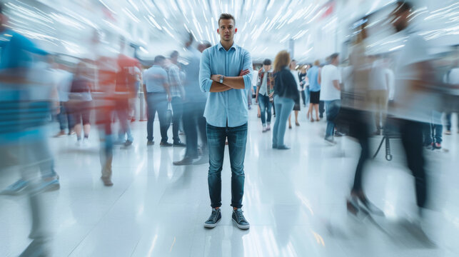 A young man stands still using his smartphone amidst a blurred motion of a busy crowd around him.