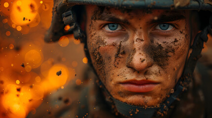 Wall Mural - Soldier. The dirty face of a soldier at war