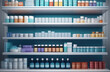 © clairelucia - A modern pharmacy with a minimalistic design, shelves with medicines, pharmacy background. Blurred medicines on the shelves inside the pharmacy