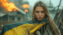 War In Ukraine. A Ukrainian Girl Stands On The Ruins With A Ukrainian Flag