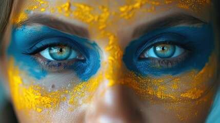 Poster - Ukrainian girl. The girl's face is painted in the Ukrainian flag