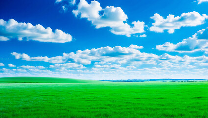 Wall Mural - meadow, grassland, landscape,agriculture,lawn, field,  sky, cloud,  flower, nature, spring,Background image of a vast green field under a bright blue sky. bright green grass Receives light well The ba