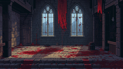 Fototapeta pixel art of bloody dungeon background battle scene in rpg old school retro 16 bits, 32 bits game style