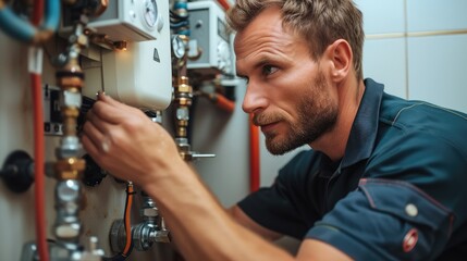 Poster - A plumber installing hot water system in a house. Generative AI.