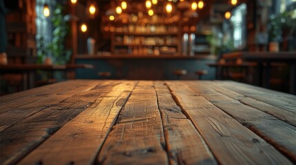 Aufkleber - A empty wooden table and a bar Night club in the background. Generative AI.