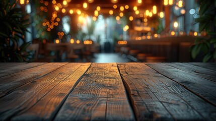 Aufkleber - A empty wooden table and a bar Night club in the background. Generative AI.