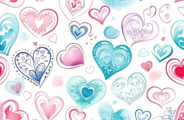 Hand drawn hearts and love signs romantic seamless pattern. Isolated drawn multi-colored repeating patterns on a white background. Cute doodle heart style seamless pattern on white background