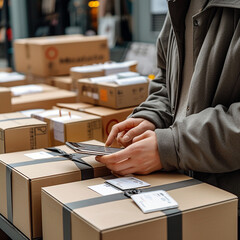 Man holding a smartphone surrounded by boxes of recently delivered products illustrates the convenience of online shopping.