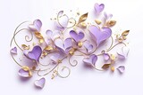 elegant lilac and gold hearts love line with floral isolated on white background 
