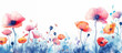 Wildflower watercolour border on white background. Spring and summer nature banner with copy space.