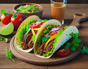 Wall Mural - Beef tacos served with golden French fries 