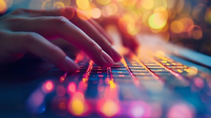 Close-up of hands typing on a laptop keyboard with a colorful backlit effect in the dark.