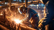 © David - close up of skilled welded working at engineers bench,  surrounded by sparks and industrial workshop