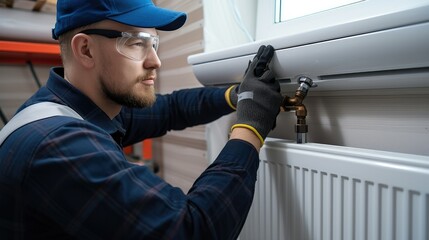Poster - Plumbing services, plumber installing heating radiator on the wall. Generative AI.