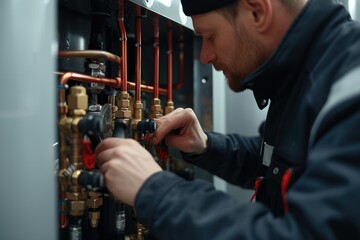Poster - Hands of a plumber repairing a modern gas water heater. Generative AI.