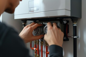 Poster - Hands of a plumber repairing a modern gas water heater. Generative AI.