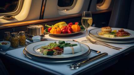 Opulent dining in flight: Luxury on a private jet—elegant table settings, fine dining, and an exclusive atmosphere