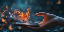 Hand With A Smartphone Emitting A Digital Butterfly.