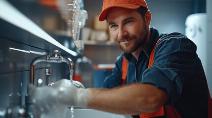 Poster - A plumbing specialist working, Professional repairman installing water tap in bathroom. Generative AI.