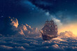 As twilight blends into night, a grand sailing ship voyages across a sea of clouds under a star-speckled sky, its sails full of wind, on the cusp between day and night