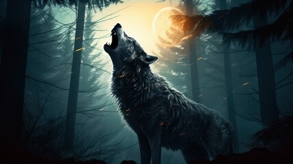 Wall Mural - Wolf howling at the moon created with Generative AI