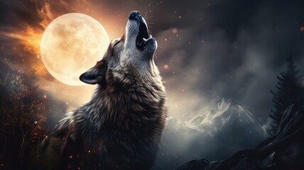 Wall Mural - Wolf howling at the moon created with Generative AI