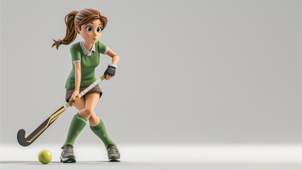 Wall Mural - A woman cartoon field hockey player in green jersey with a stick