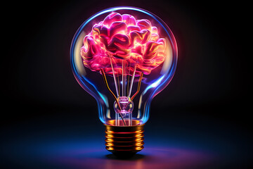 Poster - Luminous Brain Idea Concept.  A vividly rendered concept image featuring a brain-shaped filament within a light bulb, symbolizing innovation, intelligence, and brainstorming for creative 