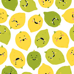 Sticker - Lemon lime seamless pattern. Funny yellow and green characters with happy faces. Vector cartoon illustration in simple hand drawn scandinavian style. Ideal for printing baby products