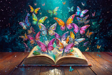 Multicolored Glass Butterflies Emerging From An Open Book. Dark Background. Imagination Concept. AI Generated