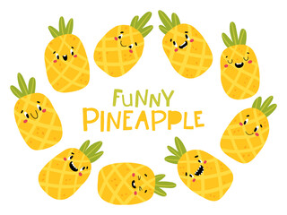 Sticker - Pineapple tropical fruit collection. Funny characters with happy faces. Vector cartoon illustration in simple hand-drawn Scandinavian style. Ideal for printing baby products