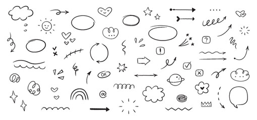 Aufkleber - Hand drawn line simple elements, cloud, speech bubbles, underline, emphasis, star, arrow, hearts element. Doodle vector illustration.