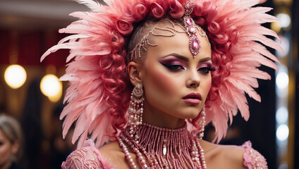 Beautiful woman in pink bright costume at the Brazilian carnival. Feathers, beads and earrings. Hairdressing competition. Bright makeup