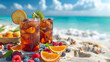 © jr-art - Delicious cocktails with lots of fruits on the beach. In the background is the sea on a sunny day.